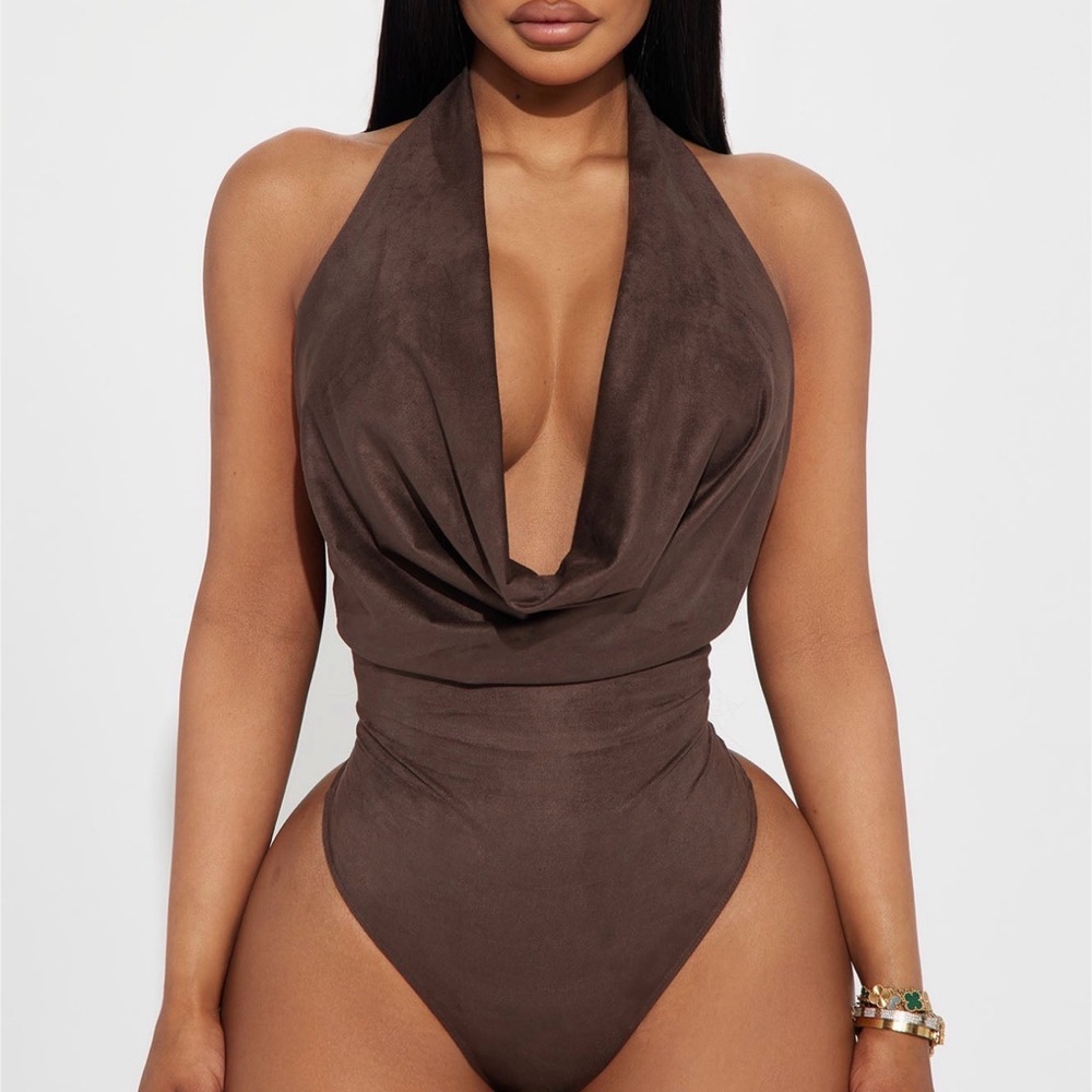 Brown Halter Suede Thong Bodysuit